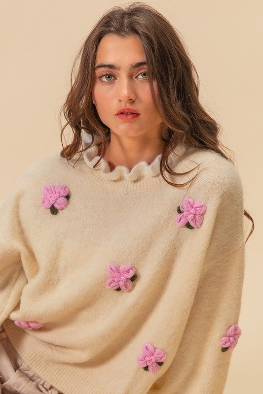 The Modern Weaver Ruffled Crochet Flower Dropped Shoulder Sweater