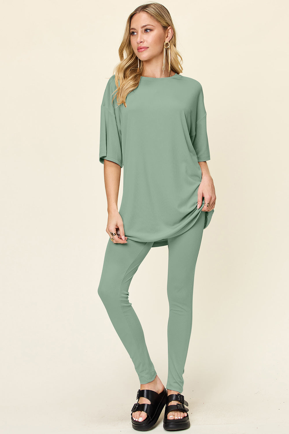 Round Neck Dropped Shoulder T-Shirt and Leggings Set