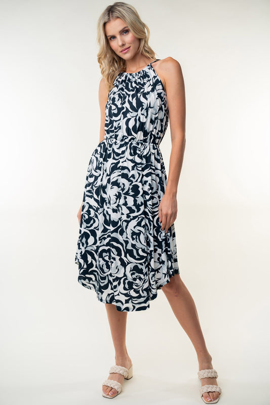 Ruched Floral Sleeveless Knee Length Dress