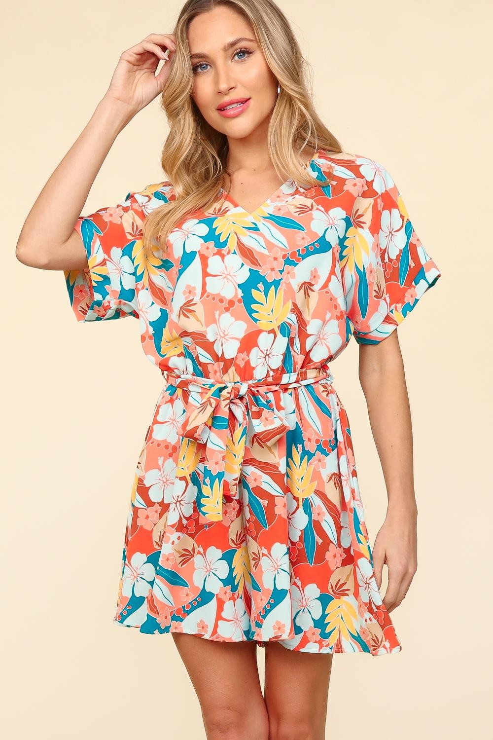 Sans Tropical Floral Short Sleeve Tied Romper