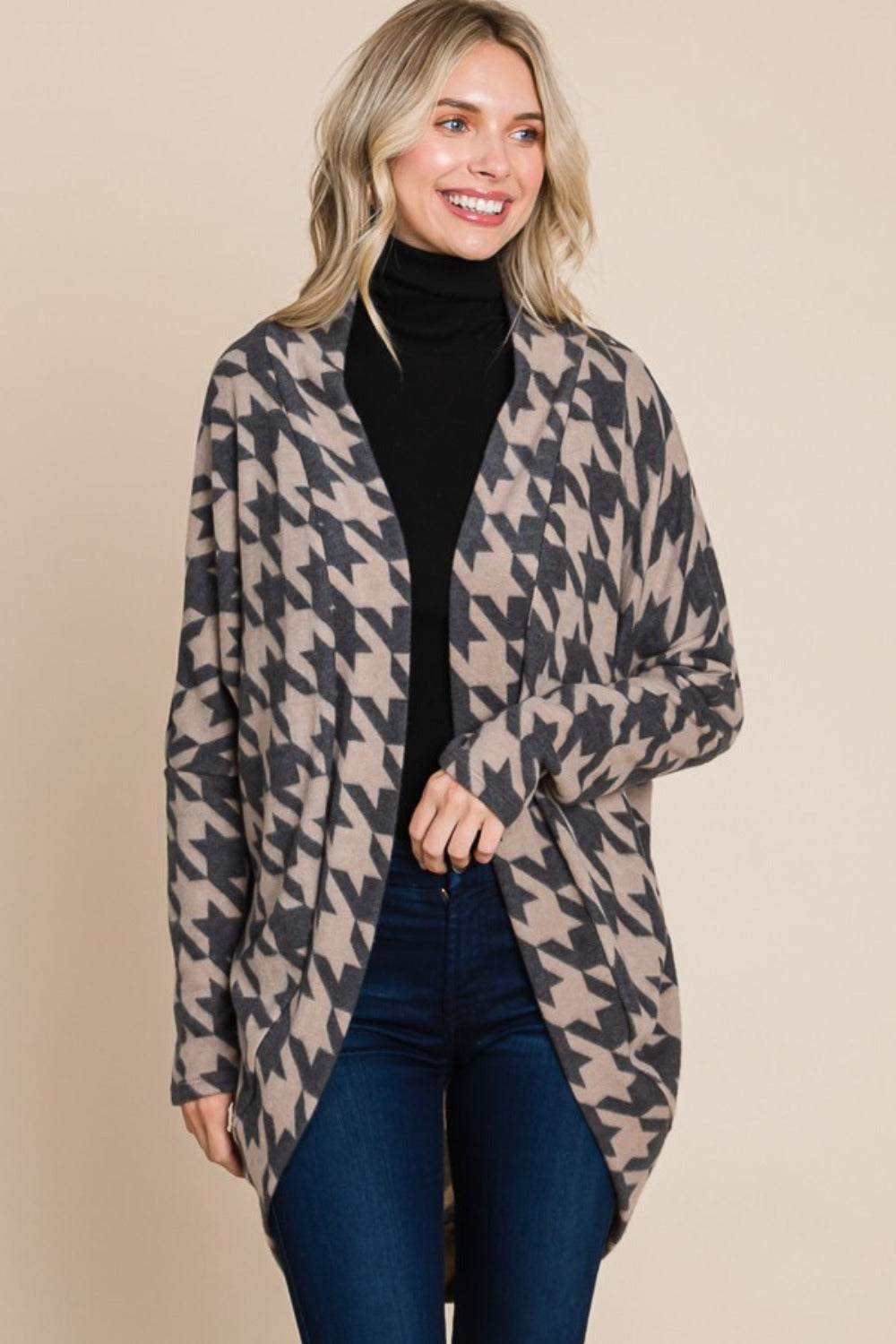 Sans Houndstooth Open Front Cocoon Knit Cardigan