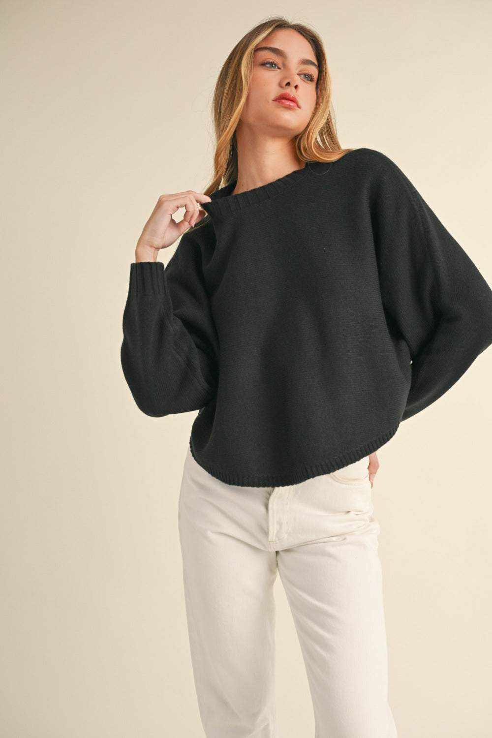 Sansplay Round Neck Dolman Sleeve Cropped Sweater