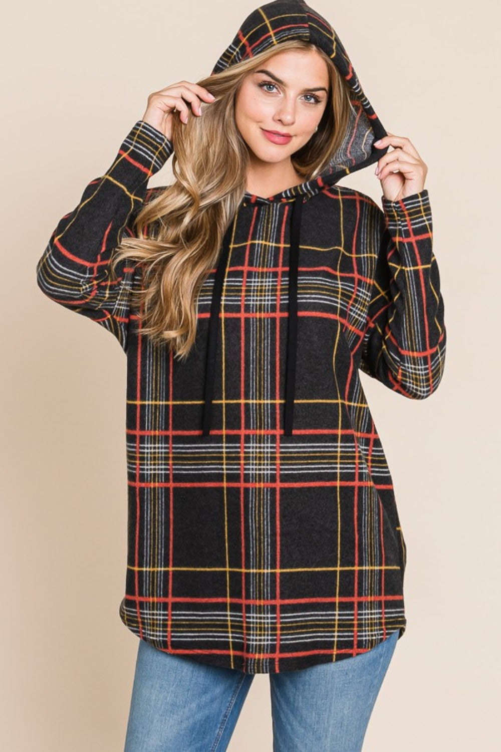 Simple Drawstring Plaid Long Sleeve Hoodie