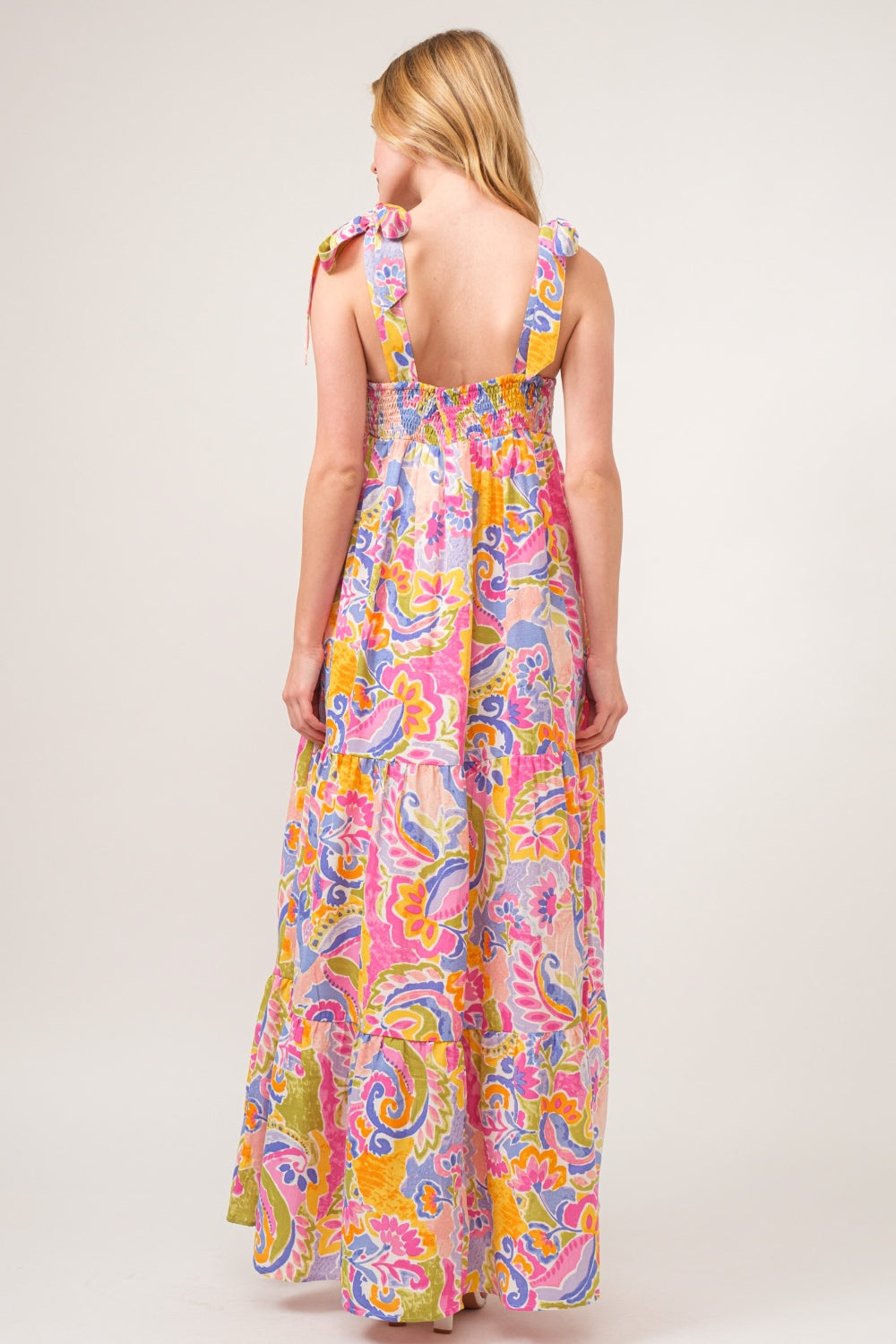 Silken Whisper Printed Tie Shoulder Tiered Maxi Dress